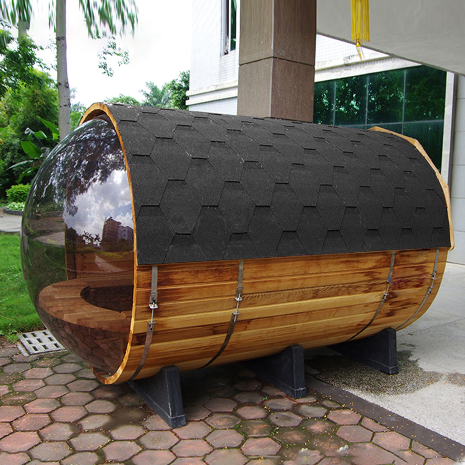 6-Person Patchwork Red Cedar Sauna With Stove And Panoramic Glass