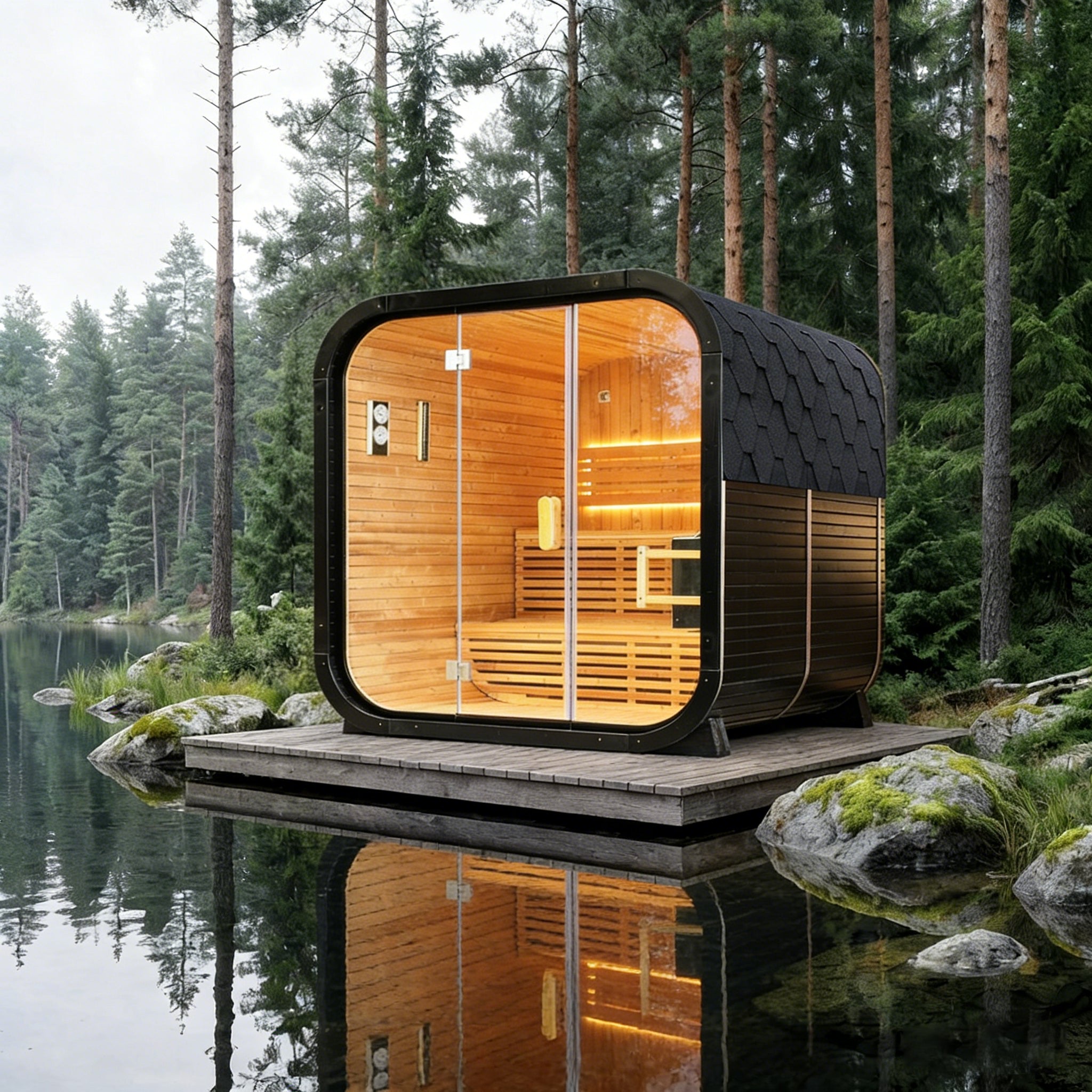 Outdoor Traditional Square Steam Sauna, Carbonized Spruce Wood Sauna Room, Home Spa Sauna Kit with Tempered Glass Door, Outdoor Use for Relaxation, Wellness