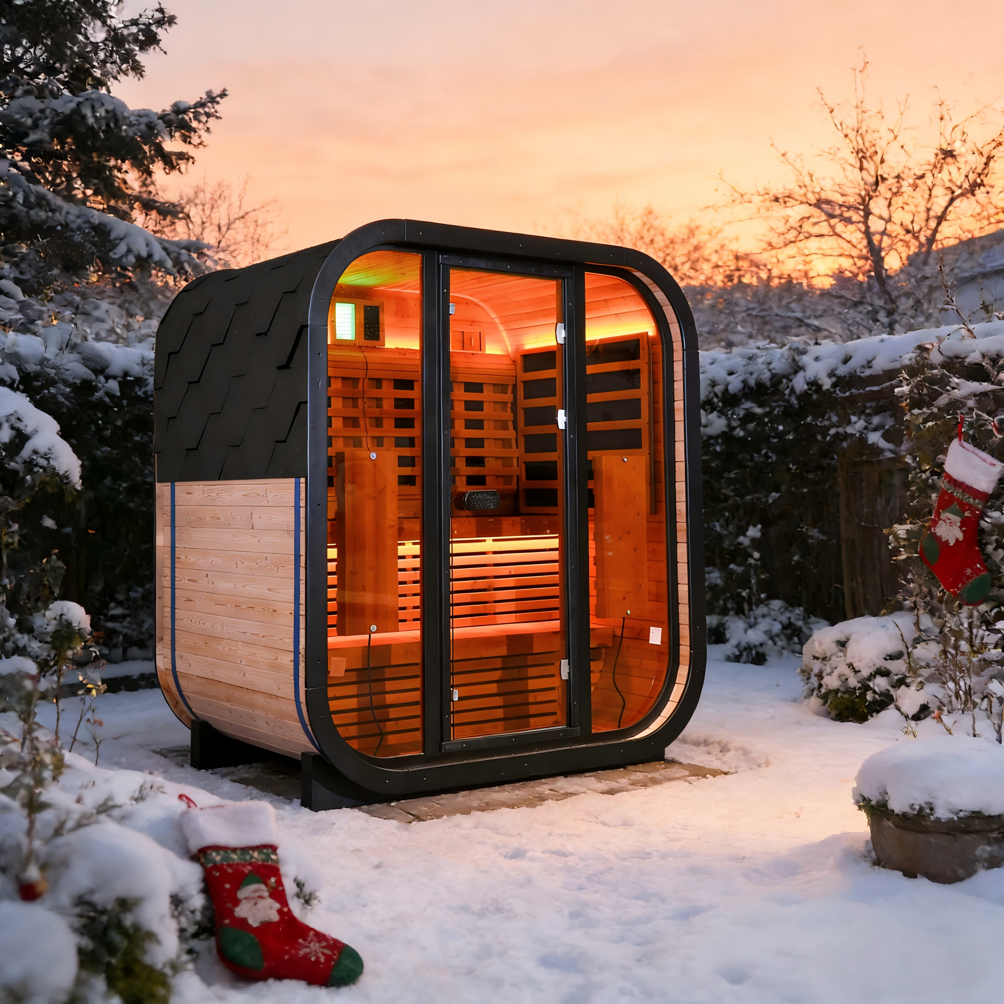 Outdoor Far Infrared Sauna for 4 Persons, Carbonized Spruce Wood Sauna Room with Dark Brown Tinted Glass, LED Chromotherapy Lights & Weather-Resistant Roof for Backyard/Patio Relaxation