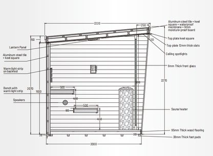 6 - Person Traditional Square Steam Sauna: Solid Wood Core with Aluminum - Alloy - Tiled Sides and Roof