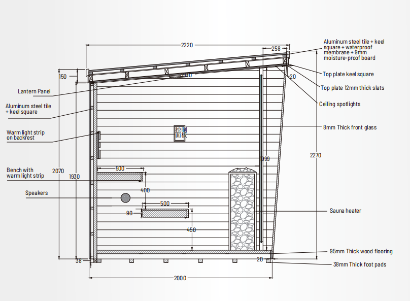 6 - Person Traditional Square Steam Sauna: Solid Wood Core with Aluminum - Alloy - Tiled Sides and Roof