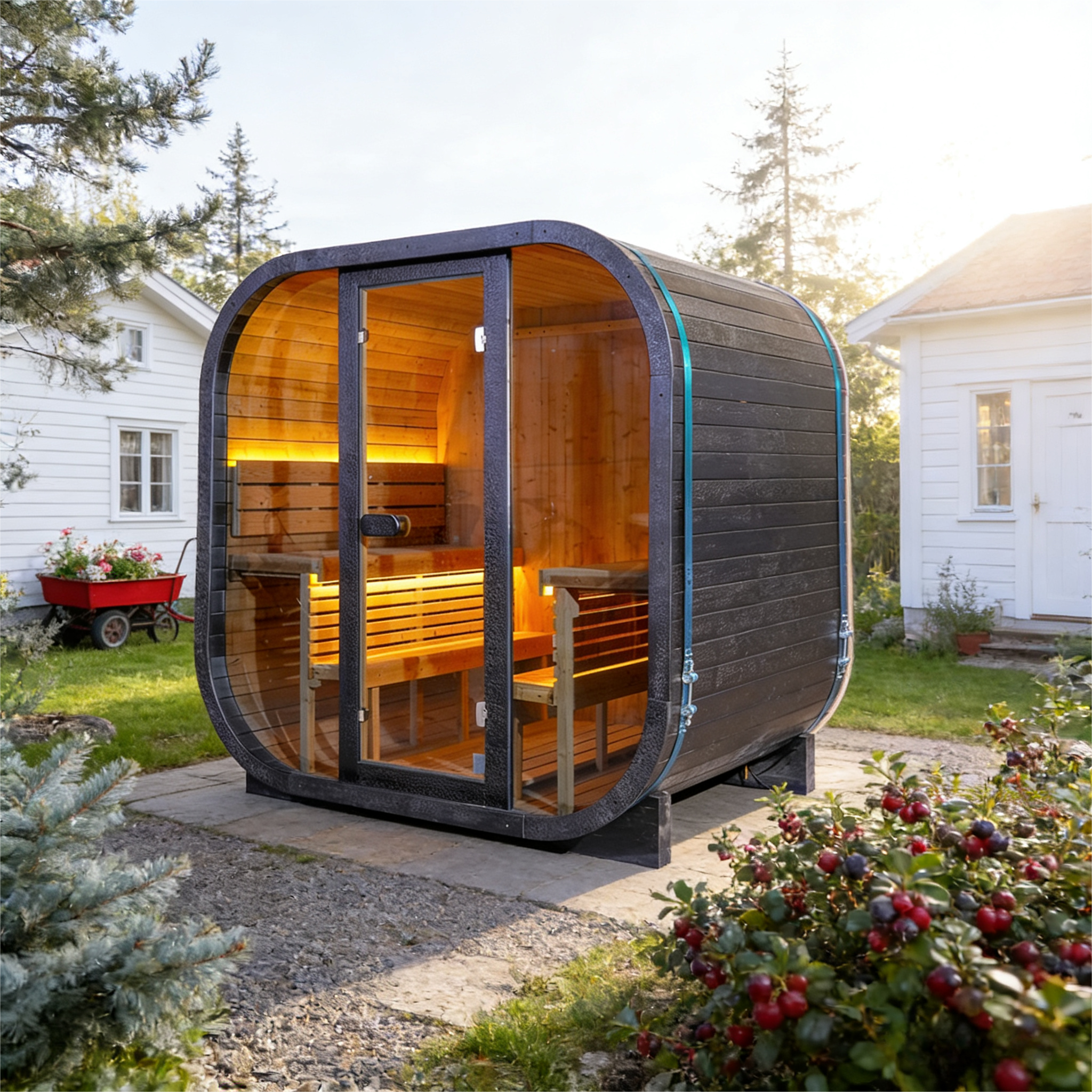 Black Outdoor Traditional Steam Sauna Square Carbonized Spruce Black Print with Textured Black Tempered Glass