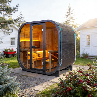 Black Outdoor Traditional Steam Sauna Square Carbonized Spruce Black Print with Textured Black Tempered Glass