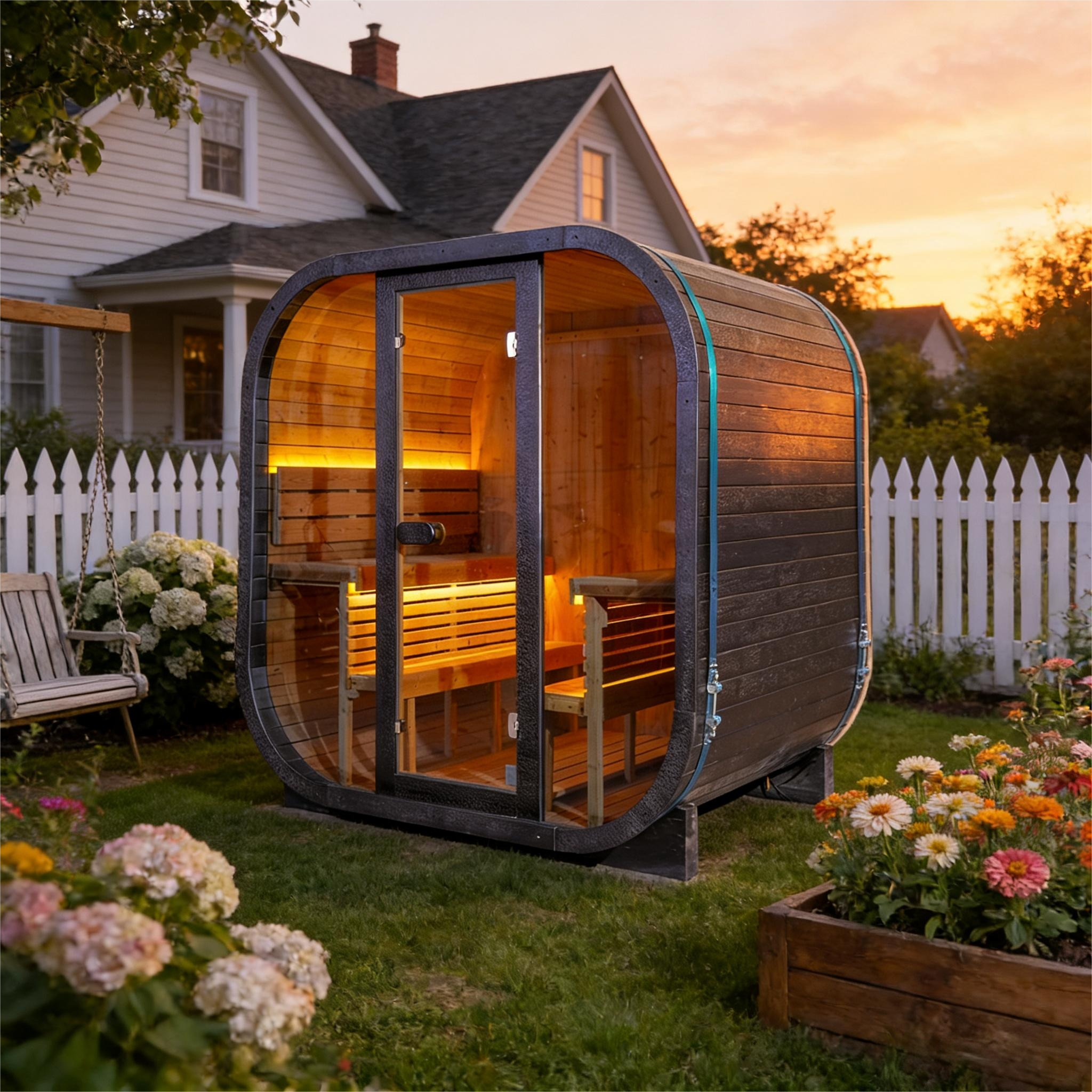 Black Outdoor Traditional Steam Sauna Square Carbonized Spruce Black Print with Textured Black Tempered Glass