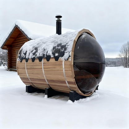 6 Person Outdoor barrel sauna with Front Porch and Panoramic Glass,  Patchwork Red Cedar Barrel Sauna Kit with Outdoor Waterproof Tile, Wood-Burning Stove and More