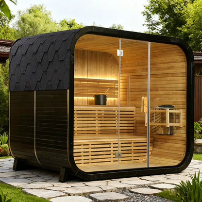 Outdoor Traditional Square Steam Sauna, Thermo Spruce Wood Sauna Room with Weatherproof Asphalt Shingle Roof, Home Spa Sauna Kit with Tempered Glass Door & Sauna Accessories, Outdoor Use for Relaxation