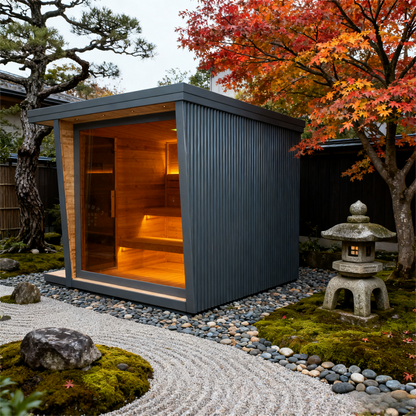6 - Person Traditional Square Steam Sauna: Solid Wood Core with Aluminum - Alloy - Tiled Sides and Roof