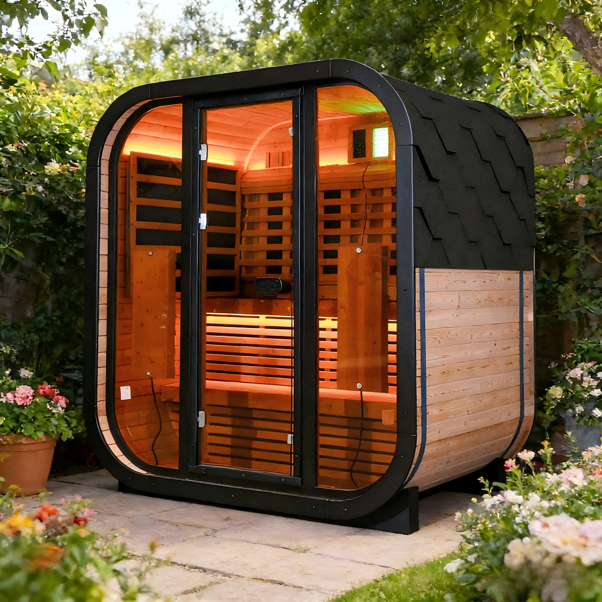 Outdoor Far Infrared Sauna for 4 Persons, Carbonized Spruce Wood Sauna Room with Dark Brown Tinted Glass, LED Chromotherapy Lights & Weather-Resistant Roof for Backyard/Patio Relaxation