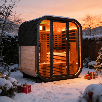 Outdoor Far Infrared Sauna for 4 Persons, Carbonized Spruce Wood Sauna Room with Dark Brown Tinted Glass, LED Chromotherapy Lights & Weather-Resistant Roof for Backyard/Patio Relaxation