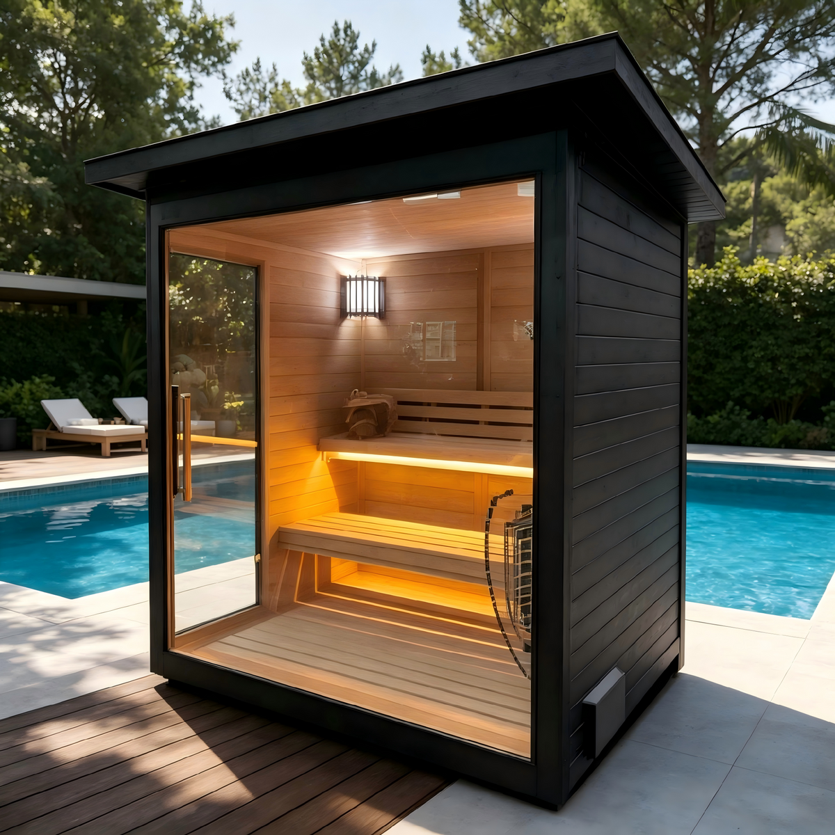 Canadian Red Cedar Outdoor Sauna, 4-5 Person Traditional Steam Sauna with 6KW WIFI Control Heater, Tempered Glass Front, LED Lighting, Bitumen Roof, Complete Accessories Kit for Outdoor & Backyard Use