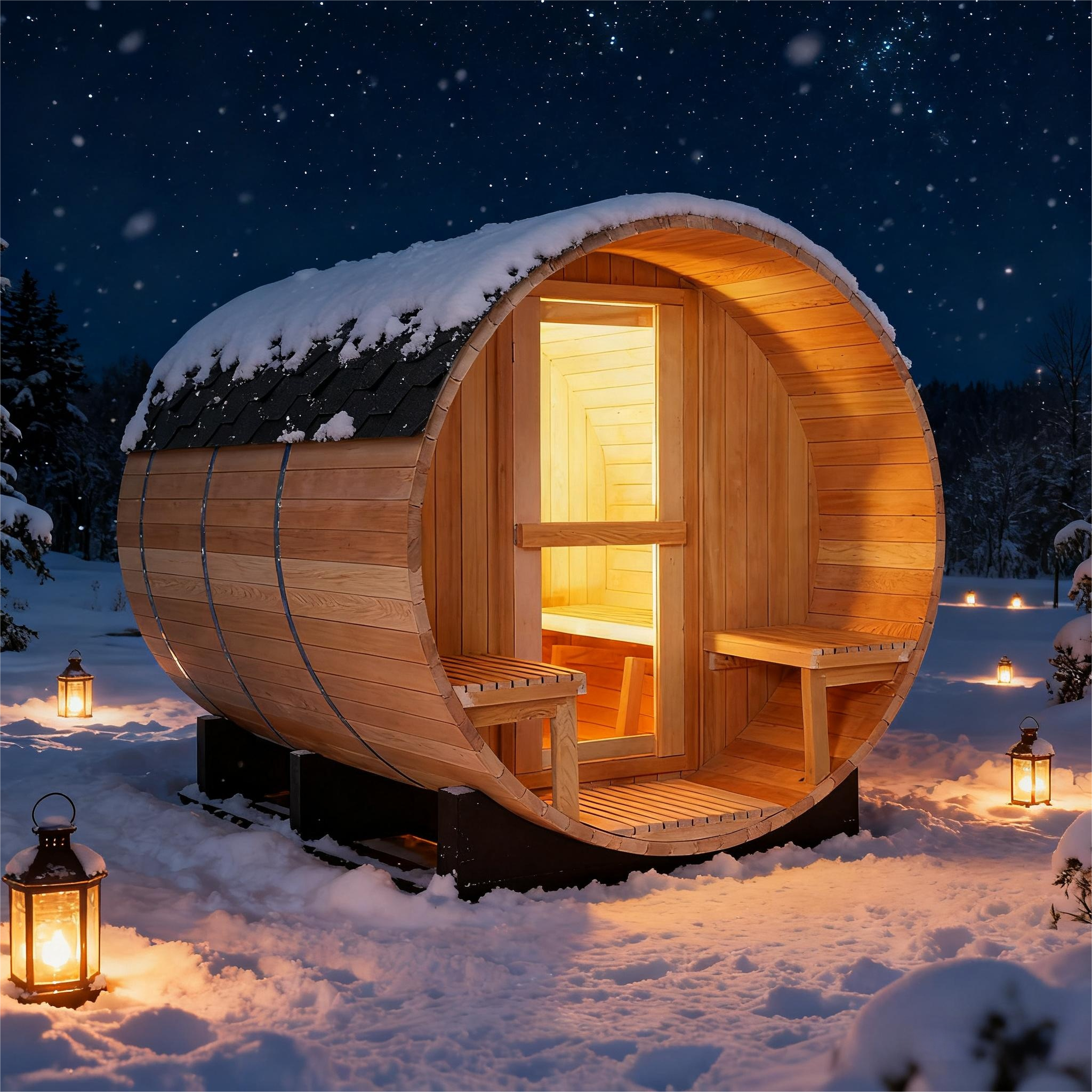 6 Person Outdoor Barrel Sauna with Front Porch, Canadian Hemlock Traditional Steam Barrel Sauna Kit with Outdoor Waterproof Tile, Lava Rocks and More