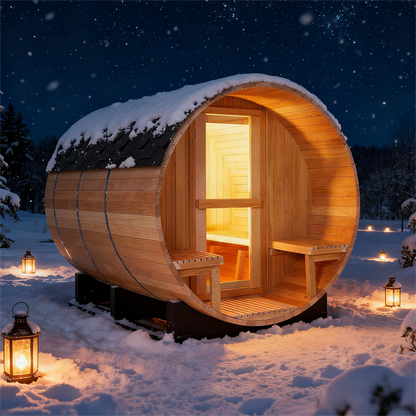 6 Person Outdoor Barrel Sauna with Front Porch, Hemlock Traditional Steam Barrel Sauna Kit with Half-viewing Window