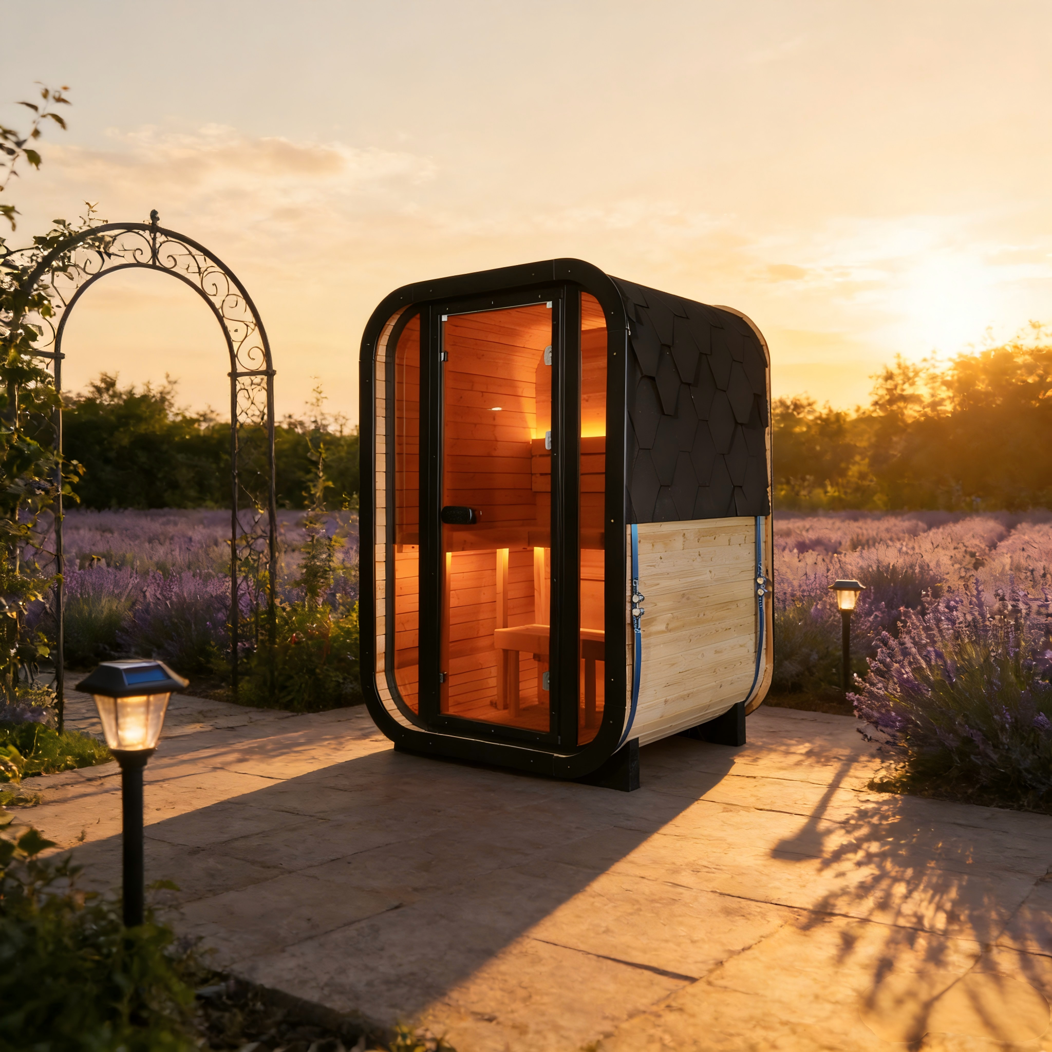 Outdoor Traditional Steam Sauna - Carbonized Spruce Wood, Tinted Glass, 6KW Heater, 1-2 Person Capacity for Backyard/Patio Relaxation Product Description