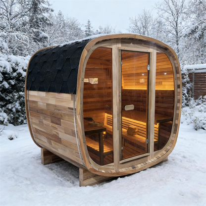 4-6 Person Tinted Glass Panel and Red Cedar Outdoor Square Traditional Steam Sauna, Weather-Resistant Solid Wood Sauna