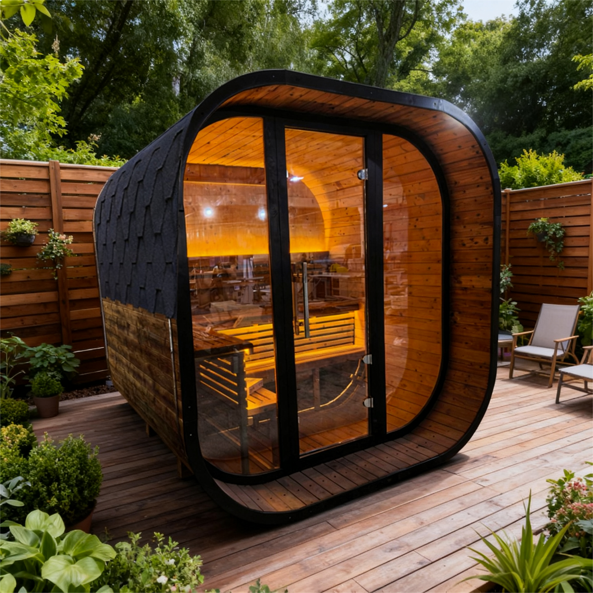 New 4-6 person Black Square Premium Thermo Spruce Wood Outdoor Sauna-FFF