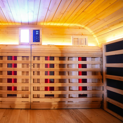 Outdoor Far Infrared Sauna for 4 Persons, Carbonized Spruce Wood Sauna Room with Dark Brown Tinted Glass, LED Chromotherapy Lights & Weather-Resistant Roof for Backyard/Patio Relaxation