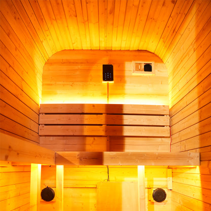 Outdoor Traditional Steam Sauna - Carbonized Spruce Wood, Tinted Glass, 6KW Heater, 1-2 Person Capacity for Backyard/Patio Relaxation Product Description