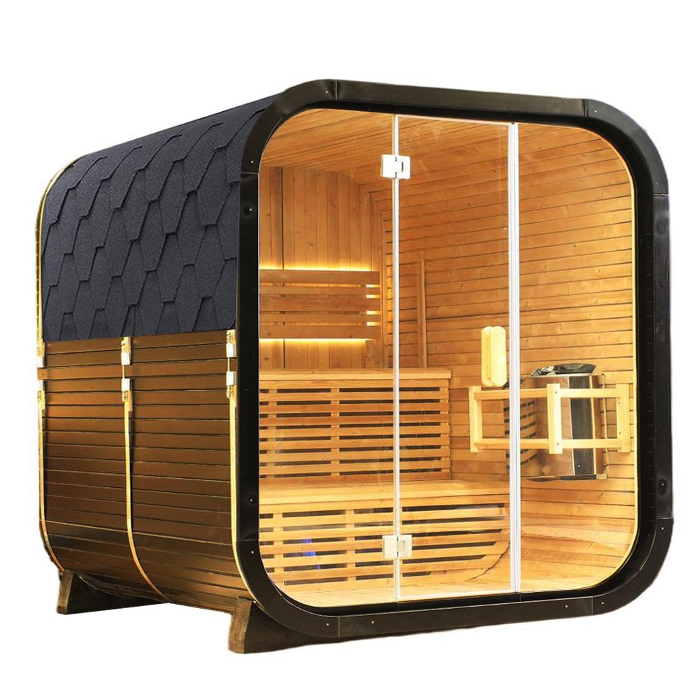 Outdoor Traditional Square Steam Sauna, Carbonized Spruce Wood Sauna Room, Home Spa Sauna Kit with Tempered Glass Door, Outdoor Use for Relaxation, Wellness