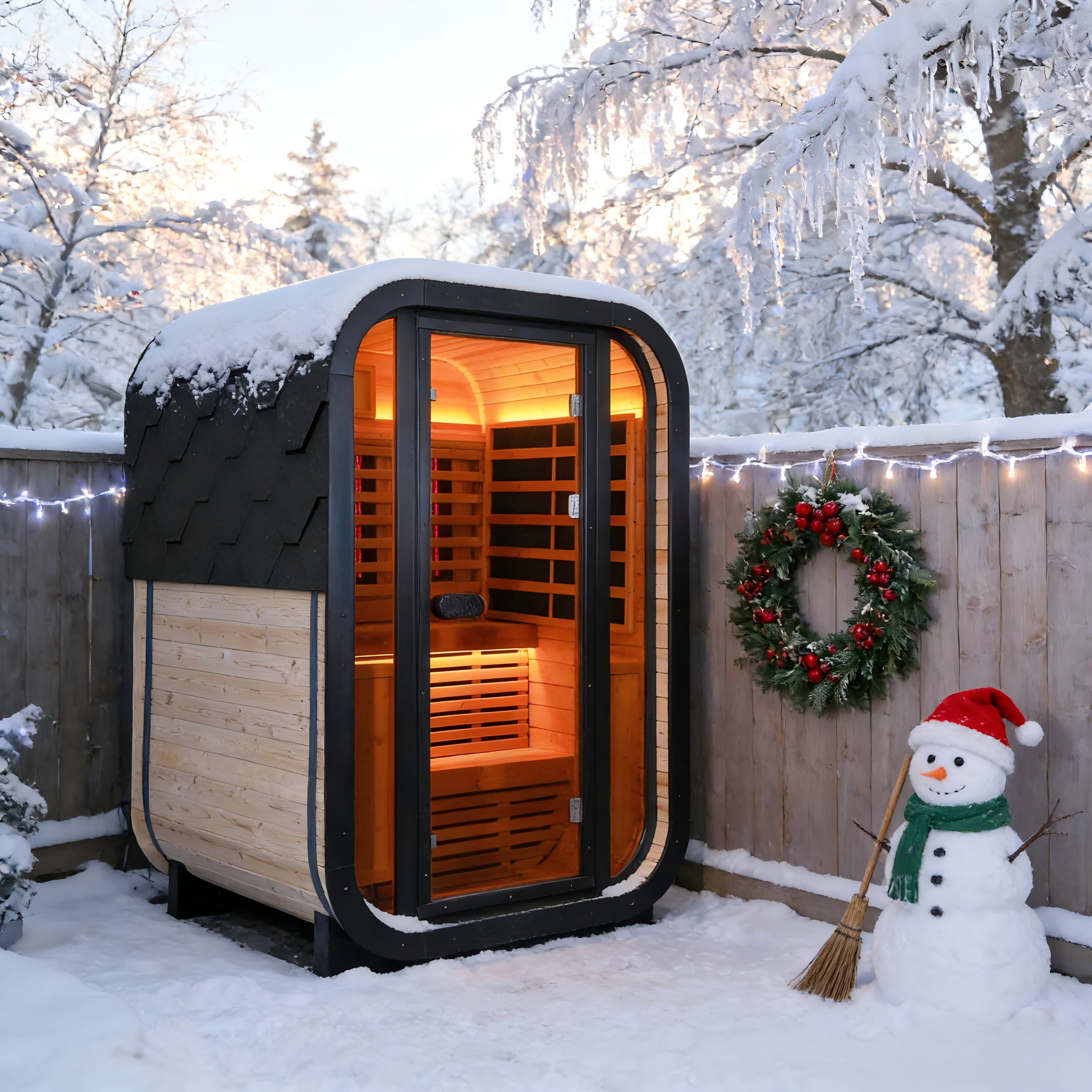 Outdoor Far Infrared Sauna – Carbonized Spruce Wood, Dark Tea-Tinted Glass, Far Infrared Heating Panels, LED Lights, Weather-Resistant Design for Patio, Garden
