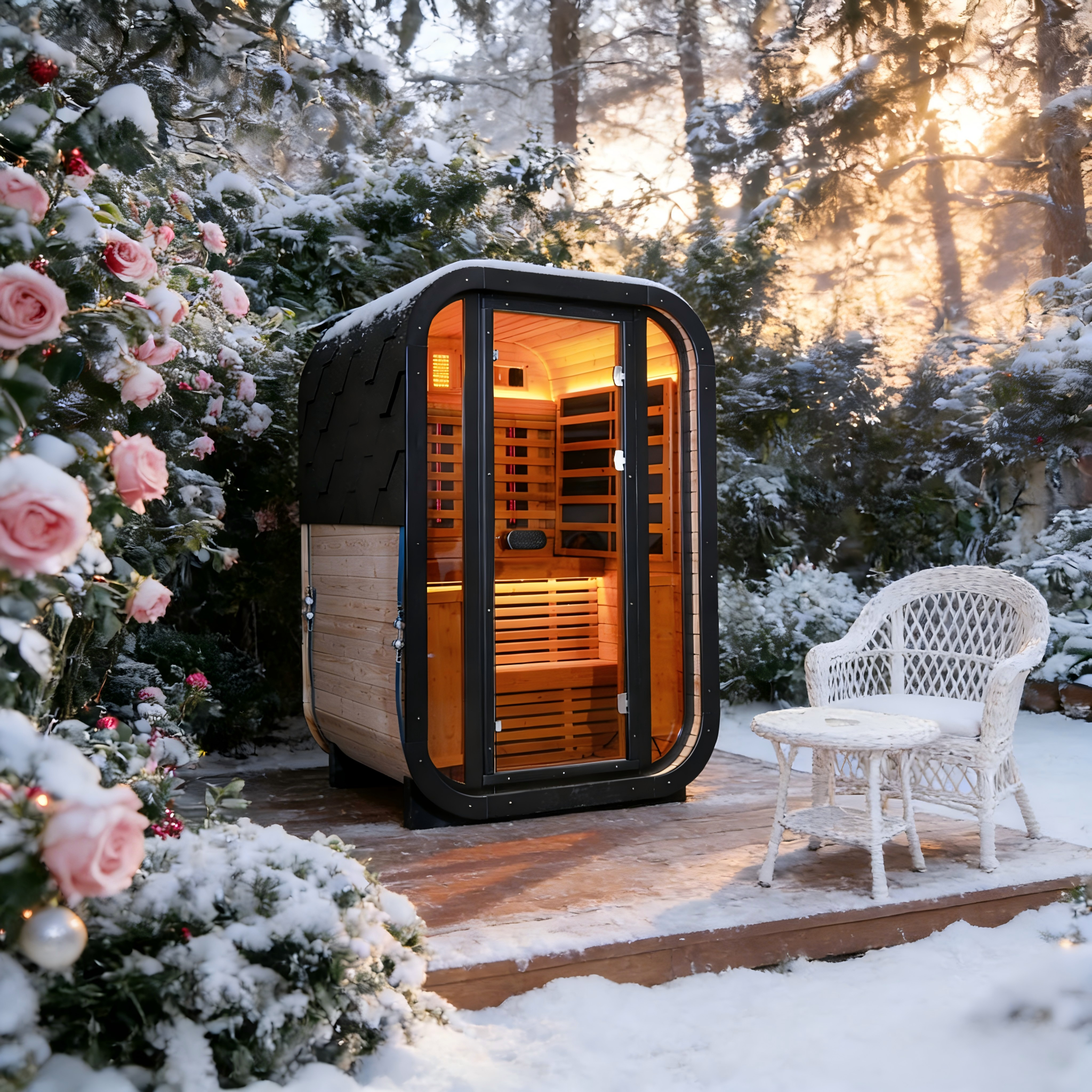 Outdoor Far Infrared Sauna – Carbonized Spruce Wood, Dark Tea-Tinted Glass, Far Infrared Heating Panels, LED Lights, Weather-Resistant Design for Patio, Garden