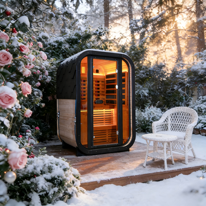Outdoor Far Infrared Sauna – Carbonized Spruce Wood, Dark Tea-Tinted Glass, Far Infrared Heating Panels, LED Lights, Weather-Resistant Design for Patio, Garden