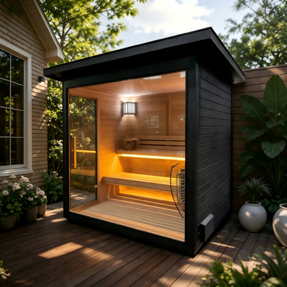 Canadian Red Cedar Outdoor Sauna, 4-5 Person Traditional Steam Sauna with 6KW WIFI Control Heater, Tempered Glass Front, LED Lighting, Bitumen Roof, Complete Accessories Kit for Outdoor & Backyard Use