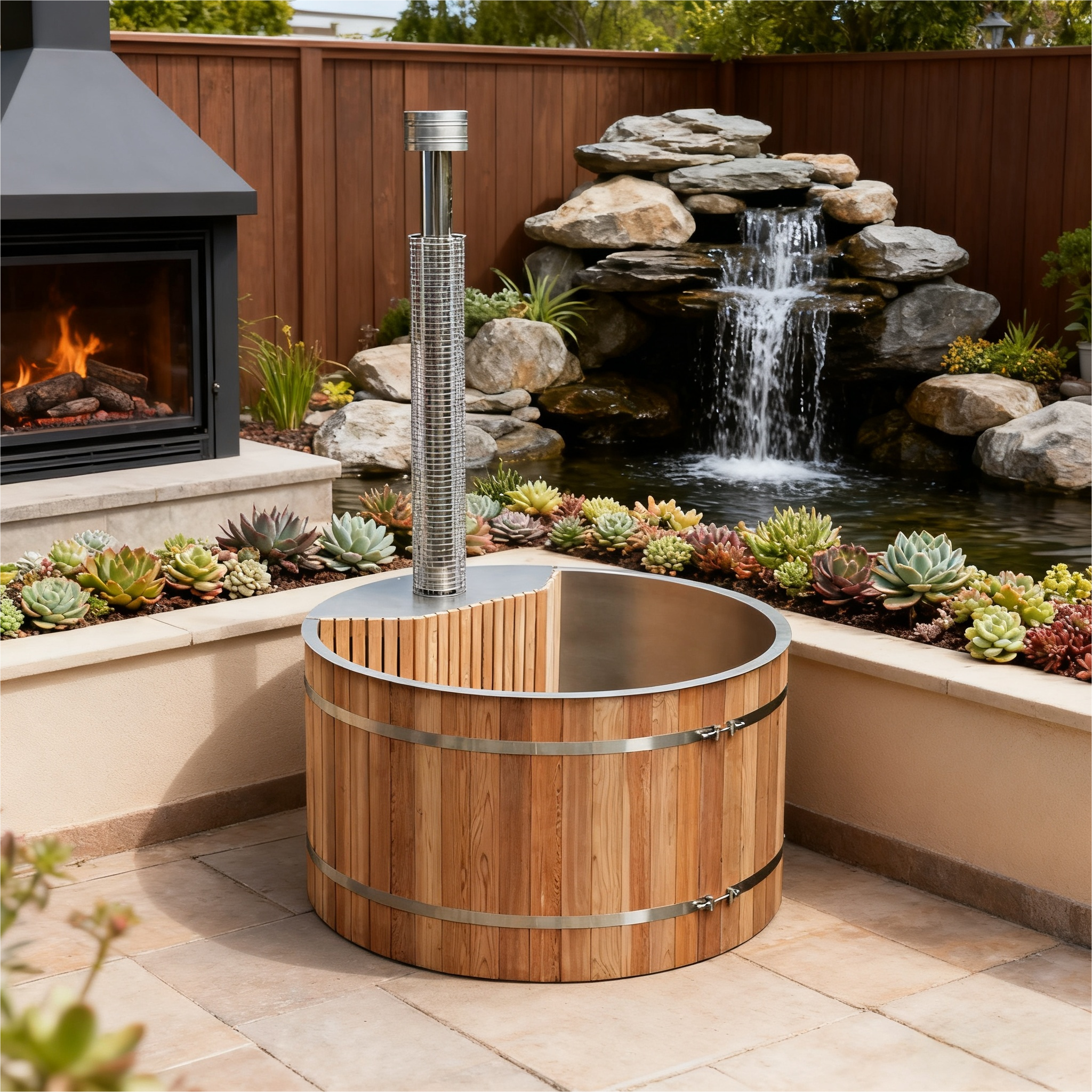 Wood - Fired Hot Tub with Stainless Steel Liner, Built - in Stove and Red Cedar Shell