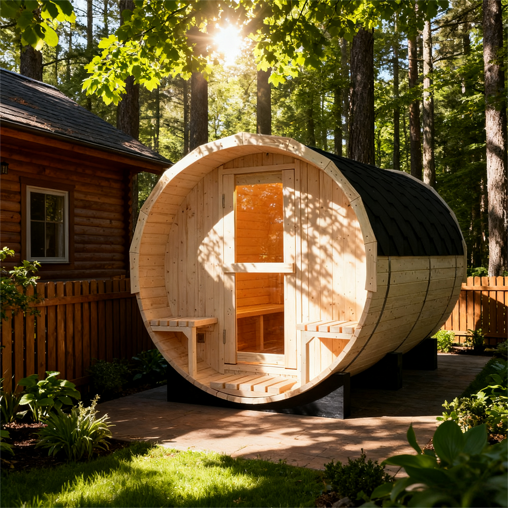 Helius 4-6 Person Outdoor Barrel Sauna Premium White Pine