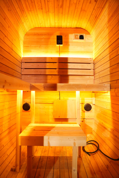 Outdoor Traditional Steam Sauna - Carbonized Spruce Wood, Tinted Glass, 6KW Heater, 1-2 Person Capacity for Backyard/Patio Relaxation Product Description