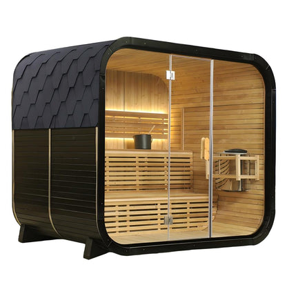 Outdoor Traditional Square Steam Sauna, Thermo Spruce Wood Sauna Room with Weatherproof Asphalt Shingle Roof, Home Spa Sauna Kit with Tempered Glass Door & Sauna Accessories, Outdoor Use for Relaxation