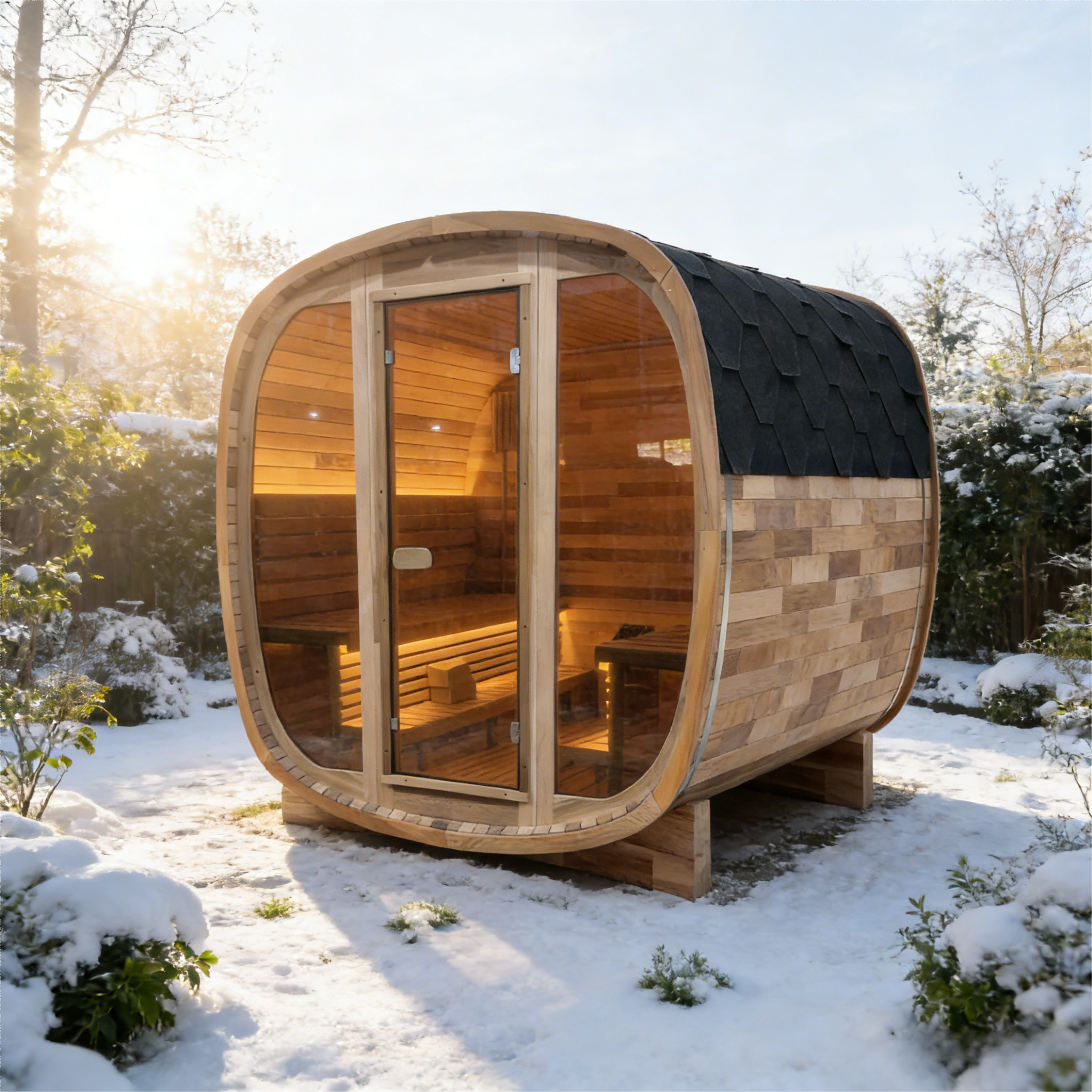 4-6 Person Tinted Glass Panel and Red Cedar Outdoor Square Traditional Steam Sauna, Weather-Resistant Solid Wood Sauna