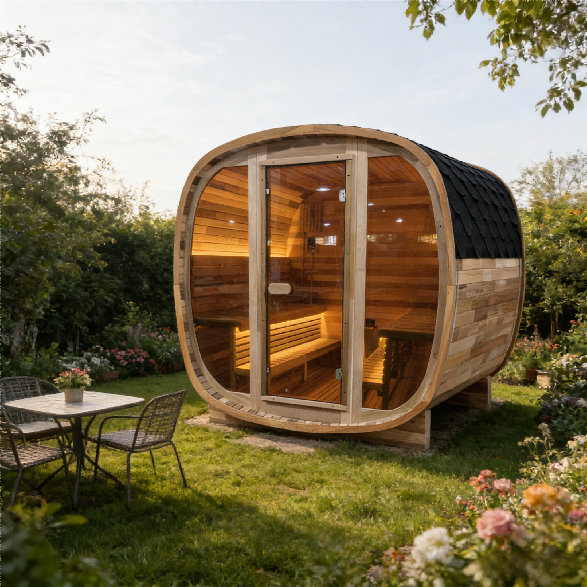 4-6 Person Tinted Glass Panel and Red Cedar Outdoor Square Traditional Steam Sauna, Weather-Resistant Solid Wood Sauna