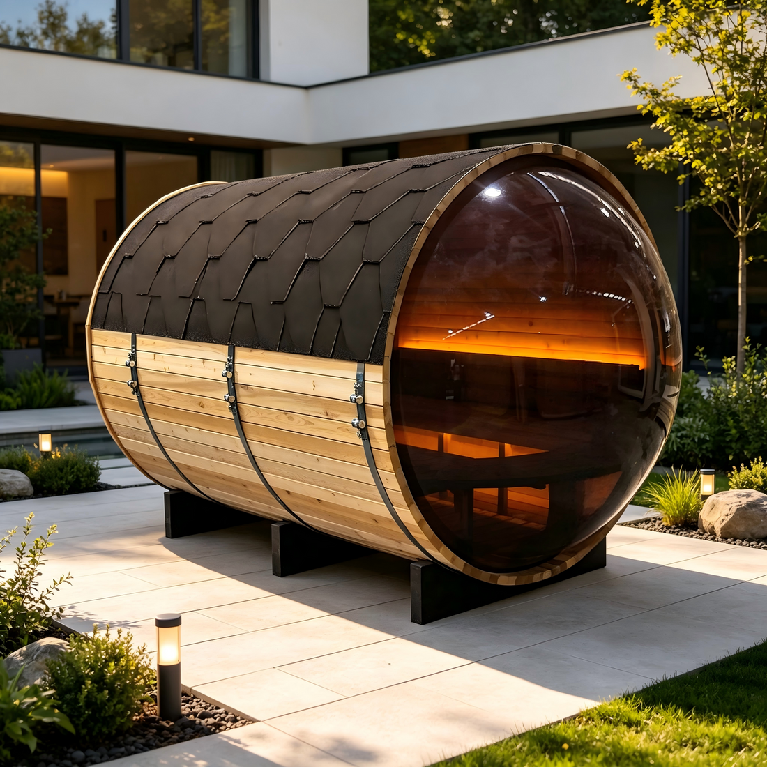 Helius 6 Person Patchwork Red Cedar Barrel Sauna with Panoramic Glass