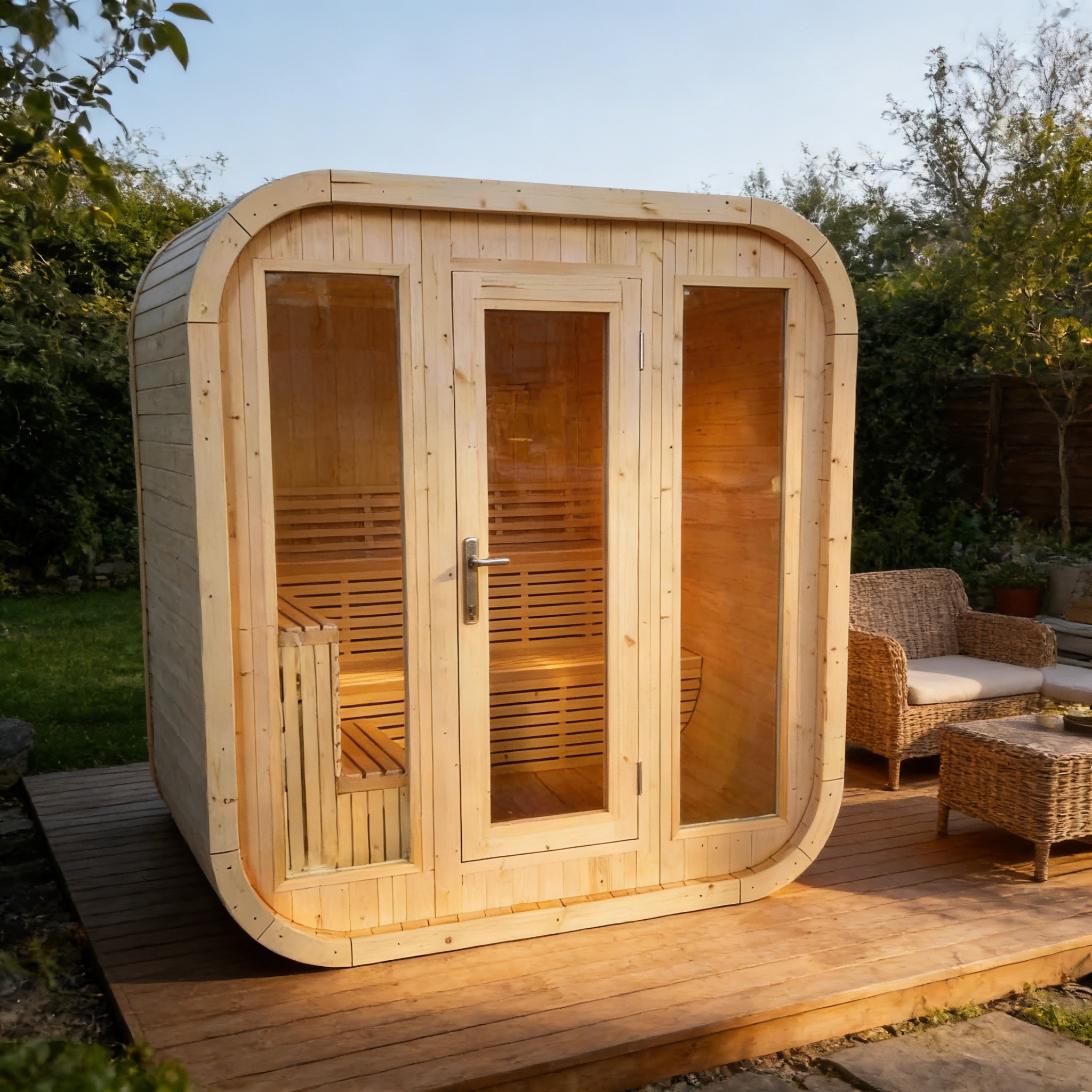 4-6 Person Outdoor Square Traditional White Pine Steam Sauna with Tempered Glass Panels & Weatherproof Roof