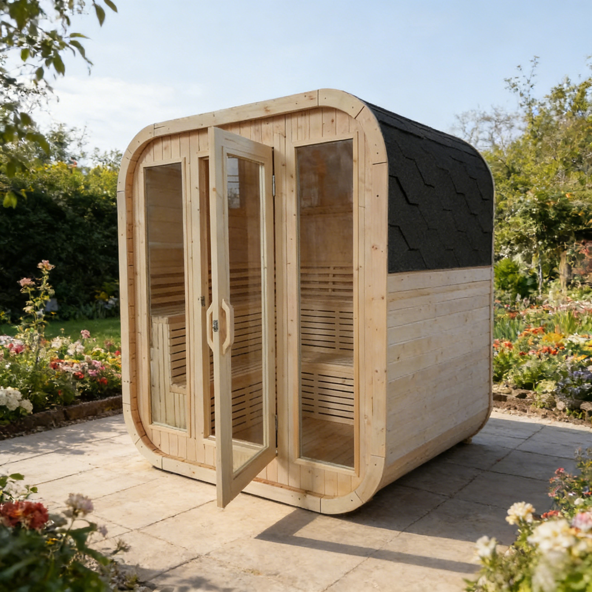 4-6 Person Outdoor Square Traditional White Pine Steam Sauna with Tempered Glass Panels & Weatherproof Roof