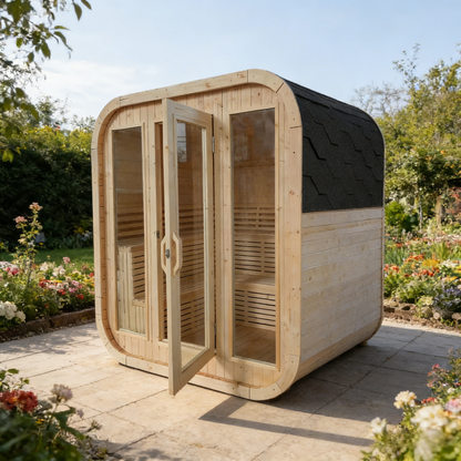 4-6 Person Outdoor Square Traditional White Pine Steam Sauna with Tempered Glass Panels & Weatherproof Roof