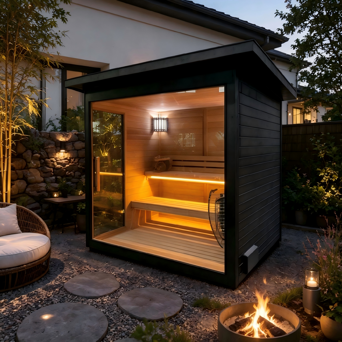 Canadian Red Cedar Outdoor Sauna, 4-5 Person Traditional Steam Sauna with 6KW WIFI Control Heater, Tempered Glass Front, LED Lighting, Bitumen Roof, Complete Accessories Kit for Outdoor & Backyard Use