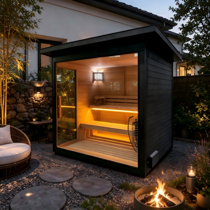 Canadian Red Cedar Outdoor Sauna, 4-5 Person Traditional Steam Sauna with 6KW WIFI Control Heater, Tempered Glass Front, LED Lighting, Bitumen Roof, Complete Accessories Kit for Outdoor & Backyard Use