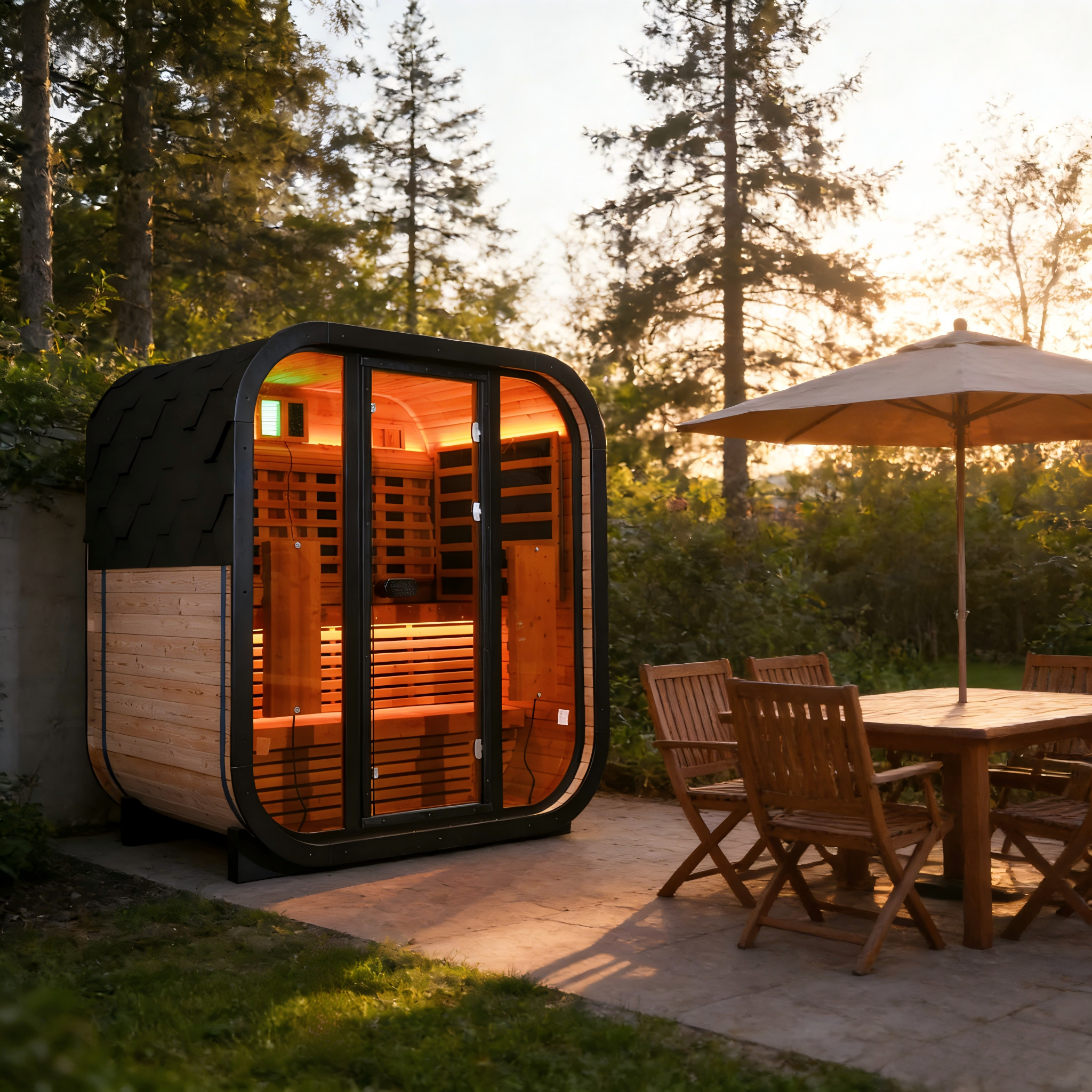 Outdoor Far Infrared Sauna for 4 Persons, Carbonized Spruce Wood Sauna Room with Dark Brown Tinted Glass, LED Chromotherapy Lights & Weather-Resistant Roof for Backyard/Patio Relaxation