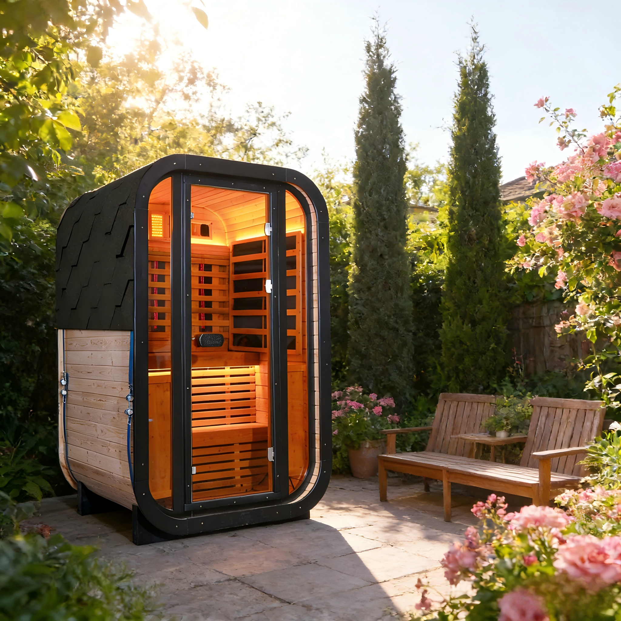 Outdoor Far Infrared Sauna – Carbonized Spruce Wood, Dark Tea-Tinted Glass, Far Infrared Heating Panels, LED Lights, Weather-Resistant Design for Patio, Garden