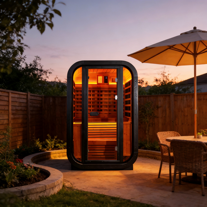 Outdoor Far Infrared Sauna – Carbonized Spruce Wood, Dark Tea-Tinted Glass, Far Infrared Heating Panels, LED Lights, Weather-Resistant Design for Patio, Garden