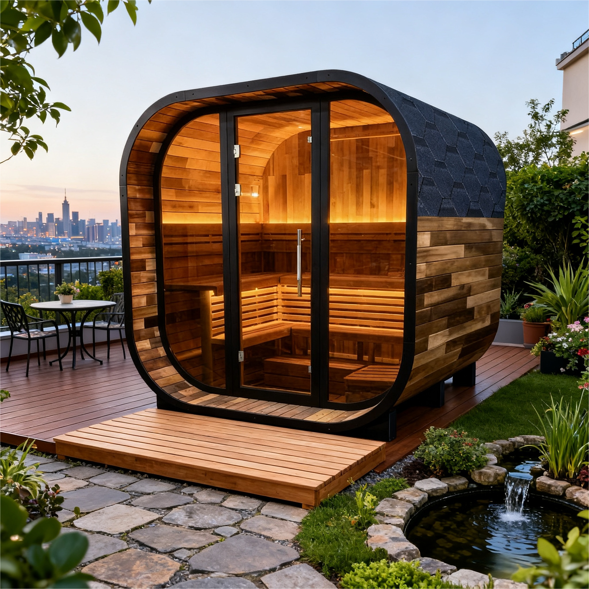 New 4-6 person Black Square Premium Patchwork Red Cedar Outdoor Sauna