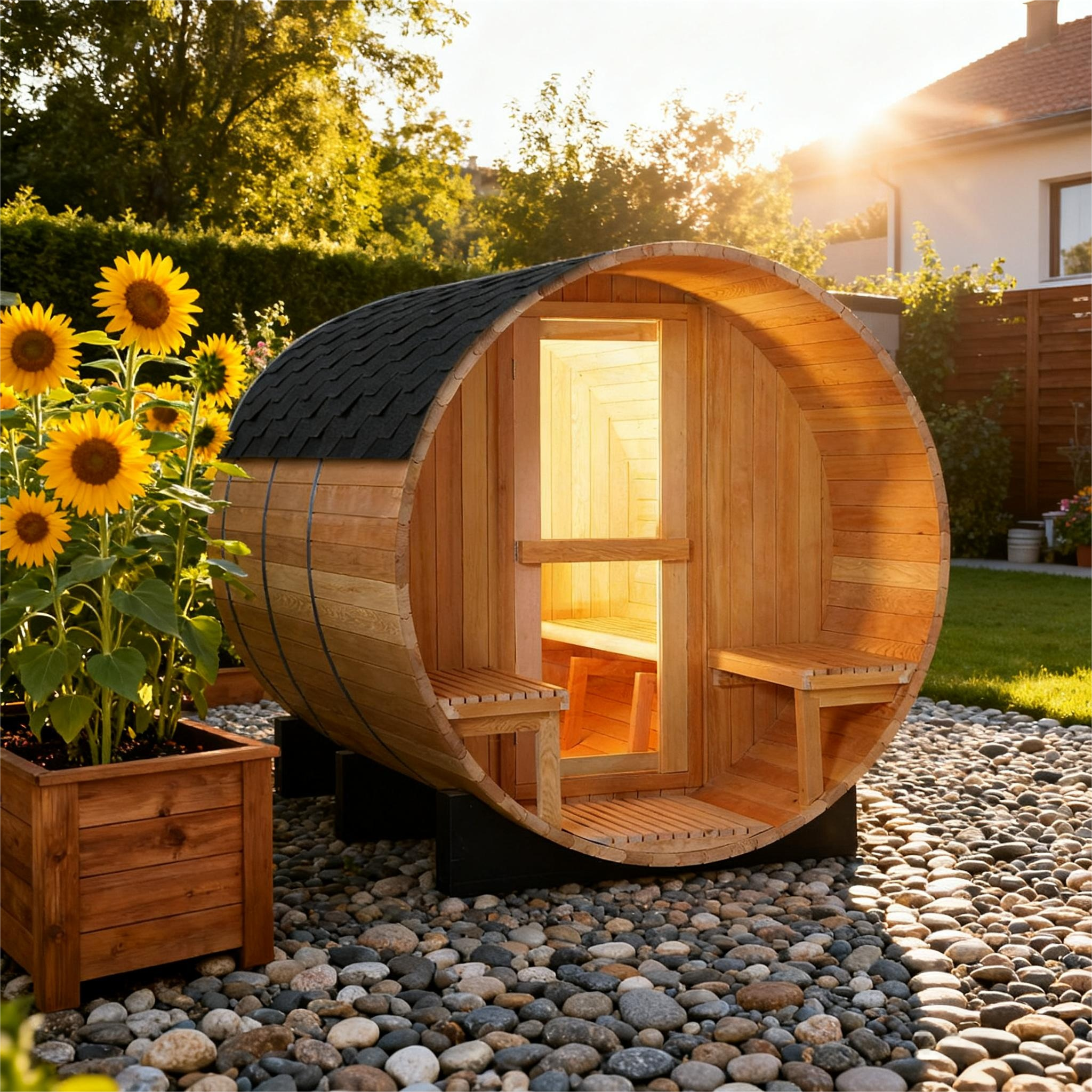 6 Person Outdoor Barrel Sauna with Front Porch, Canadian Hemlock Traditional Steam Barrel Sauna Kit with Outdoor Waterproof Tile, Lava Rocks and More