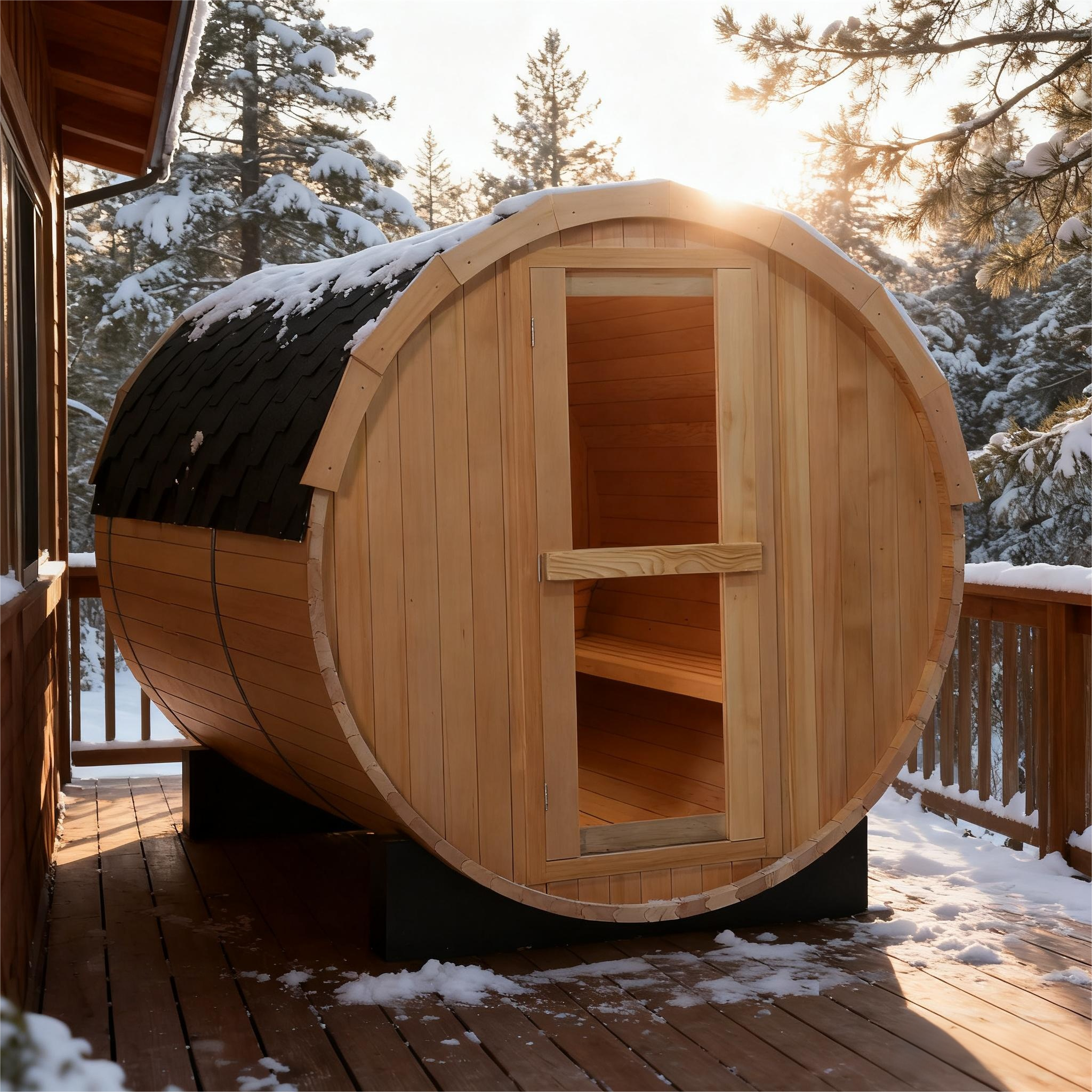 4 Person Outdoor Barrel Sauna, Hemlock Traditional Steam Barrel Sauna Kit with Half-viewing Window