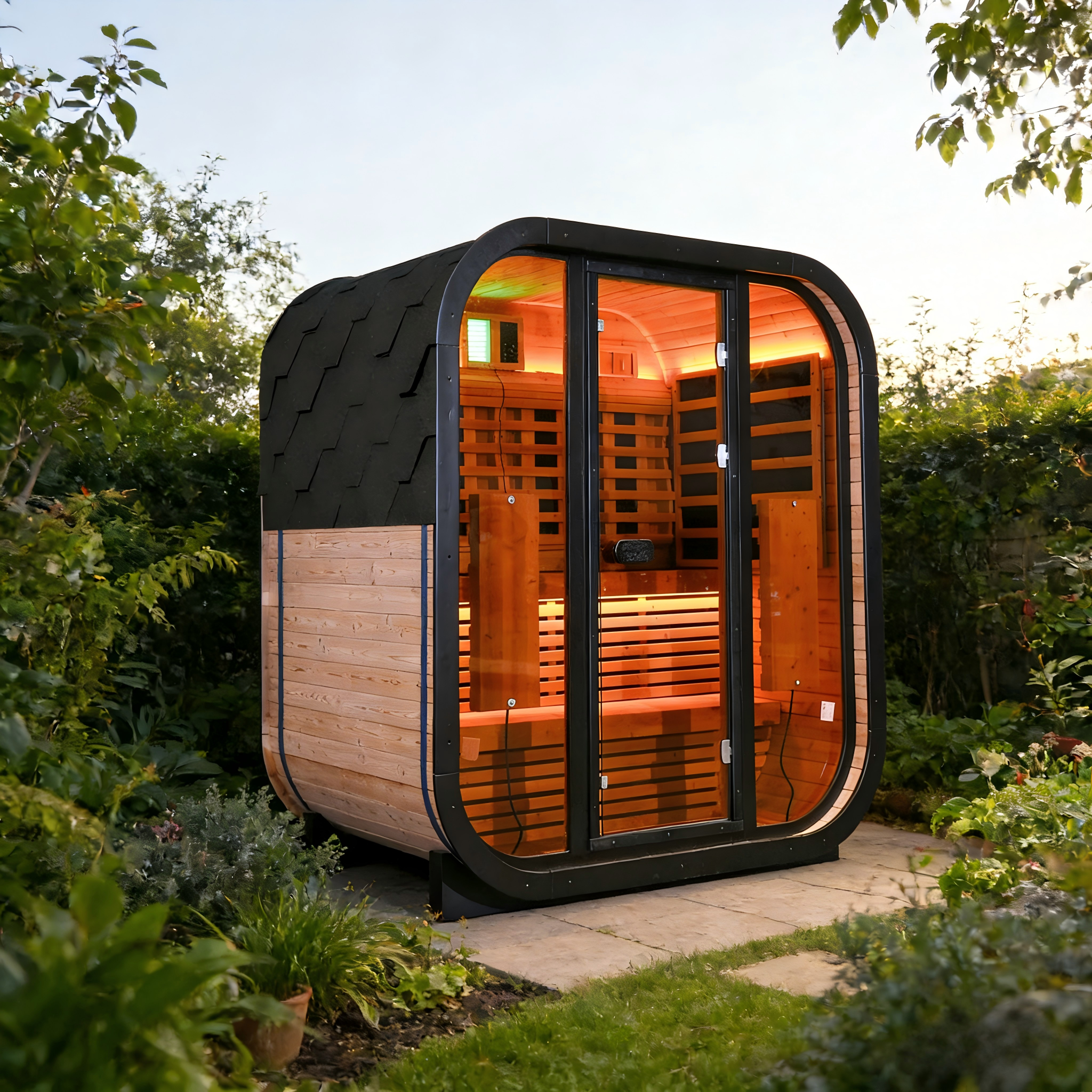 Outdoor Far Infrared Sauna for 4 Persons, Carbonized Spruce Wood Sauna Room with Dark Brown Tinted Glass, LED Chromotherapy Lights & Weather-Resistant Roof for Backyard/Patio Relaxation