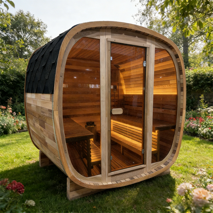 4-6 Person Tinted Glass Panel and Red Cedar Outdoor Square Traditional Steam Sauna, Weather-Resistant Solid Wood Sauna