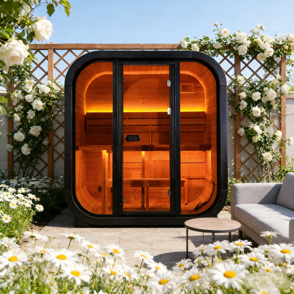 Traditional Outdoor Steam Sauna for 4 People – Thermo Spruce Wood, 6KW Heater, Tinted Glass Panels, Weather-Resistant Backyard Spa with LED Lighting