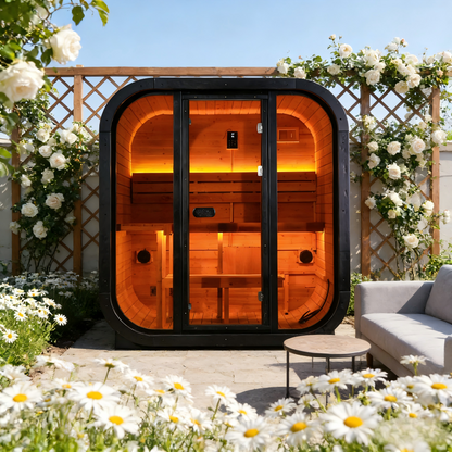 Traditional Outdoor Steam Sauna for 4 People – Carbonized Spruce Wood, 6KW Heater, Tinted Glass Panels, Weather-Resistant Backyard Spa with LED Lighting