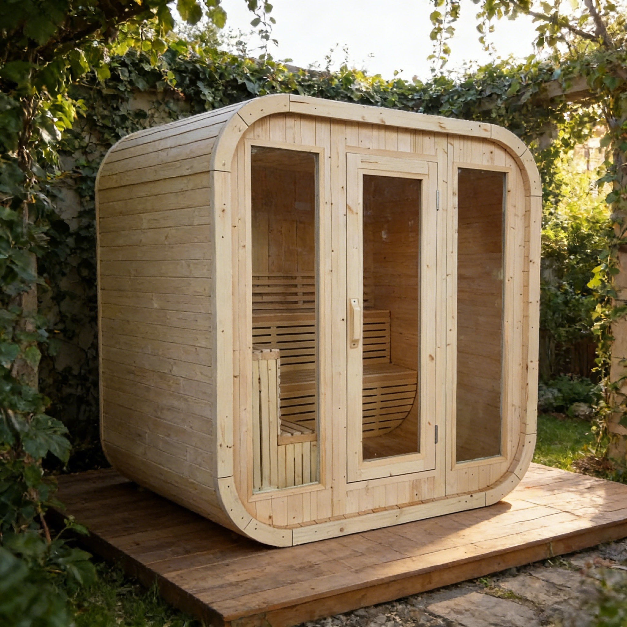 4-6 Person Outdoor Square Traditional White Pine Steam Sauna with Tempered Glass Panels & Weatherproof Roof