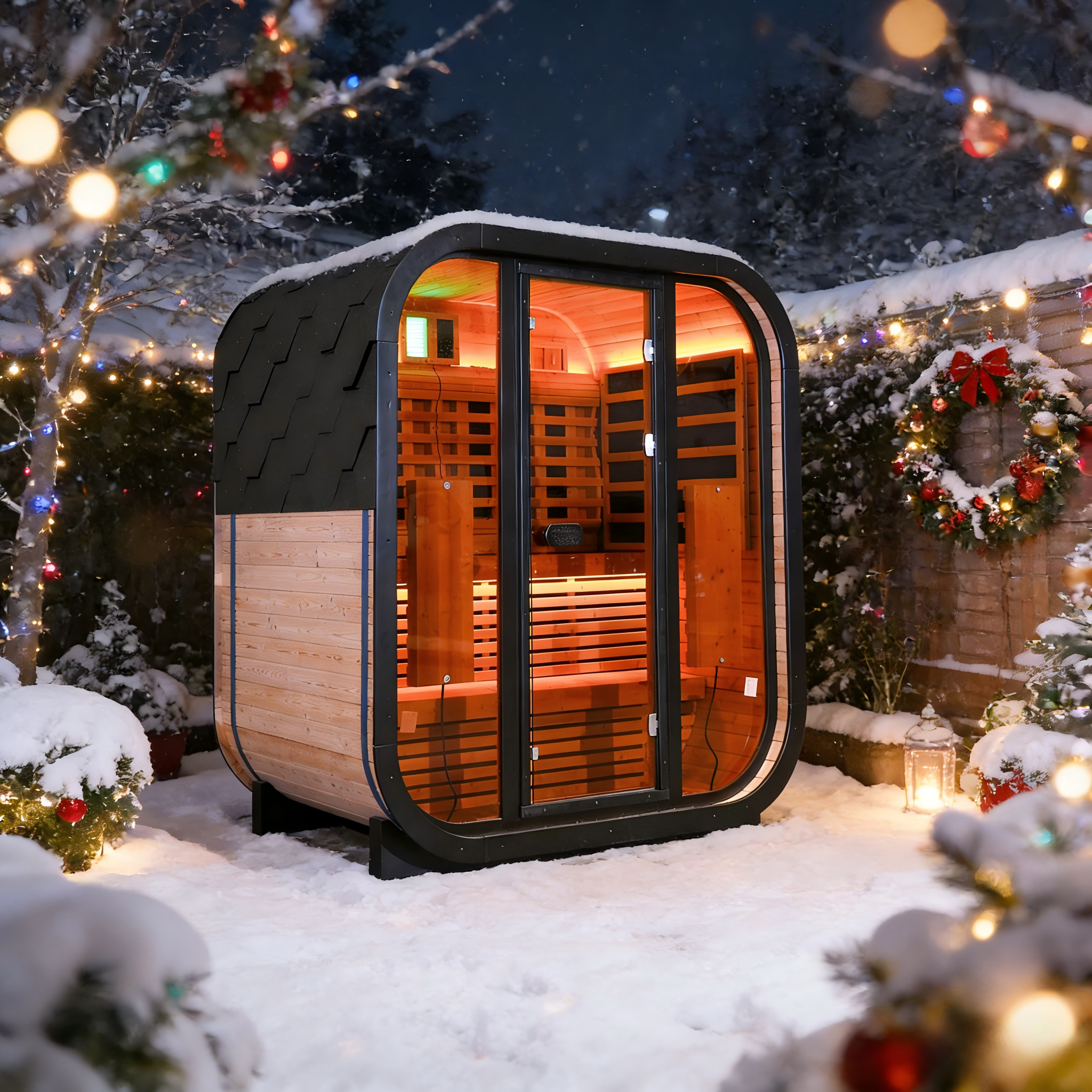Outdoor Far Infrared Sauna for 4 Persons, Carbonized Spruce Wood Sauna Room with Dark Brown Tinted Glass, LED Chromotherapy Lights & Weather-Resistant Roof for Backyard/Patio Relaxation